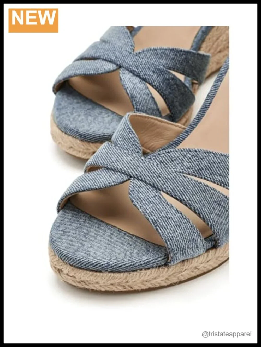 Nappa Denim Espadrille Wedge Sandal with Ankle Strap and Jute Heel